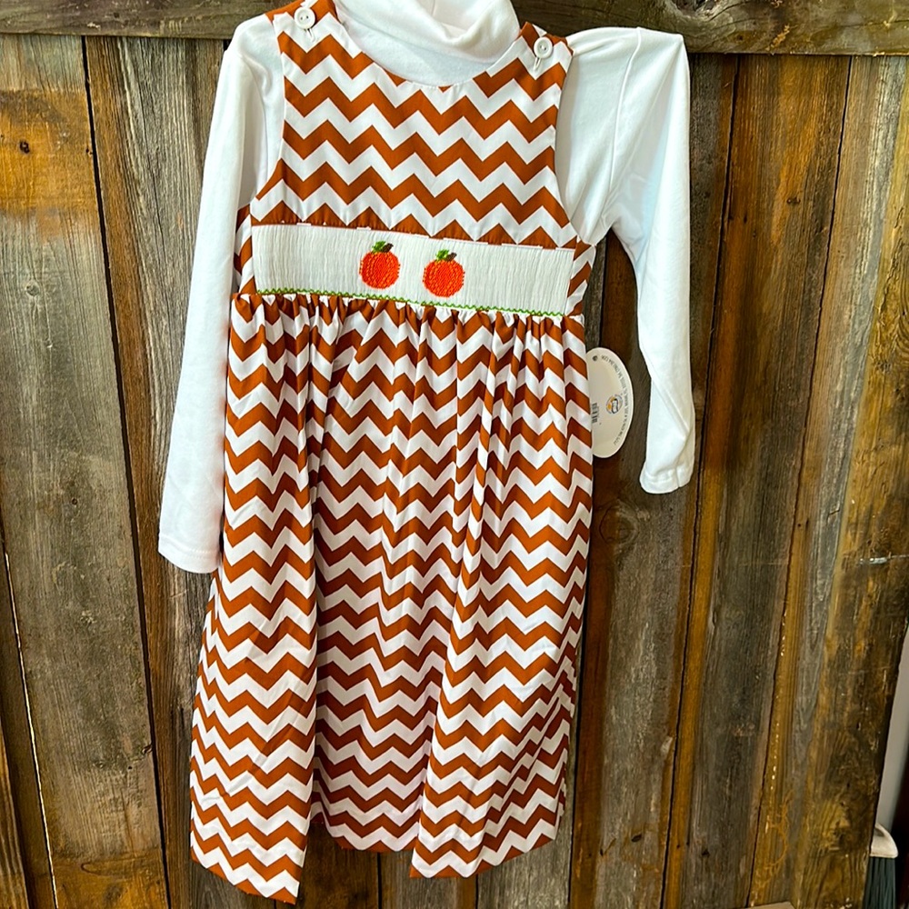Smocked Giraffe - Smocked Pumpkin Dress w/White Long Sleeve Shirt - girls Size 6